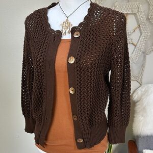 Chocolate brown open weave cardigan sweater